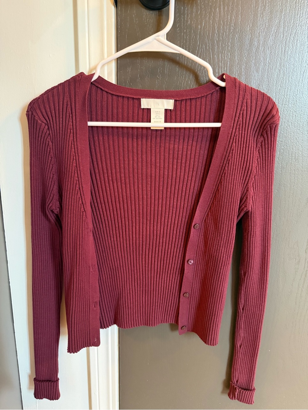 H&M Ribbed Button-Front Cardigan in Burgundy
